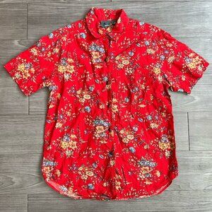 Vintage 80s LizWear Red Button Up Cotton Floral Blouse Flower Buttons Size S